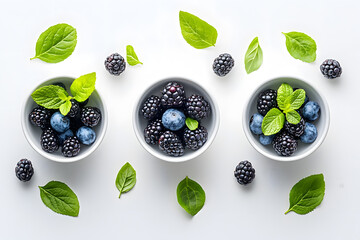 Berries and Basil: Overhead shot showcasing fresh, juicy blackberries and blueberries artfully arranged with green basil leaves in small white bowls, a vibrant display of natural, healthy food. 