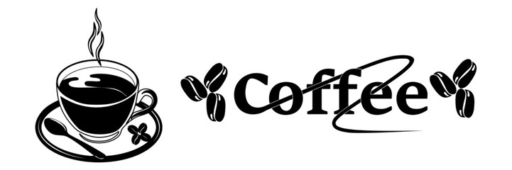 black and white text cup of coffee illustration on background