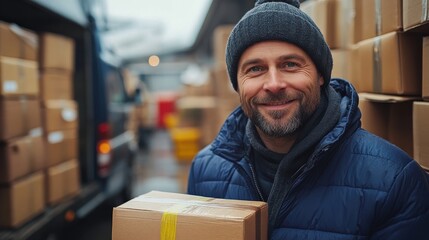 Smiling Delivery Worker Holding Package in Busy Warehouse Surrounded by Boxes and Equipment