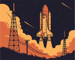 Stylized illustration of a space shuttle launching with towers and fiery smoke against an orange sky.