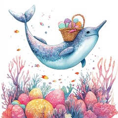 Colorful dolphin carrying a basket of eggs, swimming through vibrant coral reefs.