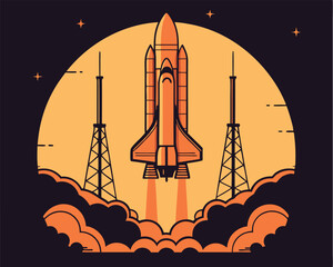 Stylized illustration of a space shuttle launching with towers and fiery smoke against an orange sky.