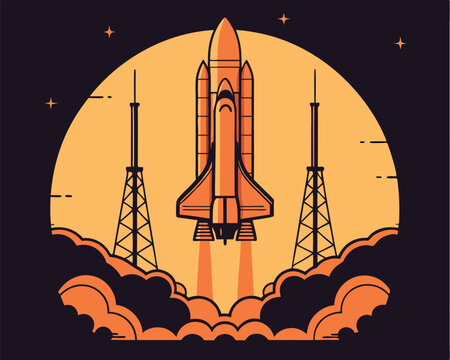 Stylized illustration of a space shuttle launching with towers and fiery smoke against an orange sky.