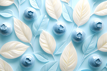 Enchanting Blueberry and Leaf Composition: A visually captivating close-up arrangement of delicate blueberries and stylized leaves, showcasing the interplay of textures and soft pastel hues.