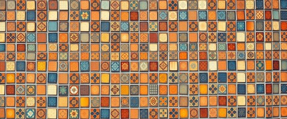 Fototapeta premium Intricate mosaic tile pattern in warm, earthy tones reminiscent of Dutch, Portuguese, Spanish, and Italian styles, ornamental, colorful background