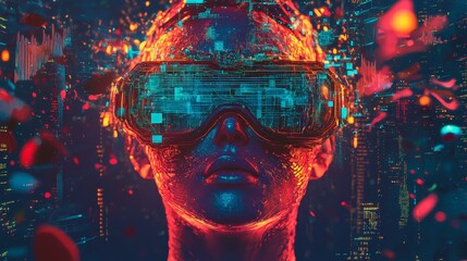 Futuristic Portrait of a Virtual Reality User in a Digital Landscape