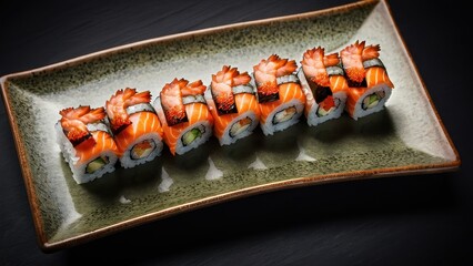  A mesmerizing top-view of a luxurious eel-topped sushi dragon roll on a solid muted black background