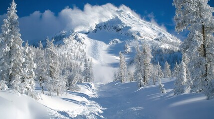 Fototapeta premium Avalanche flowing down a mountainside in a snowy forest