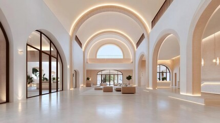 Fototapeta premium Elegant hotel lobby featuring high ceiling, arches, and natural light illuminating modern furniture