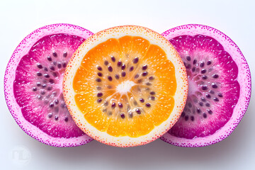 A Trio of Tropical Slices: Close-up shot showcasing the vibrant colors and textures of sliced tropical fruits, including pitahaya and orange