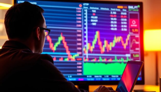 Investor analyzing ETF stock market data on computer screen, strategy, risk