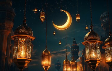 Golden Ramadan Lanterns Night Festive Crescent Moon Islamic Cityscape Art Warm Dark Glow Image Stars