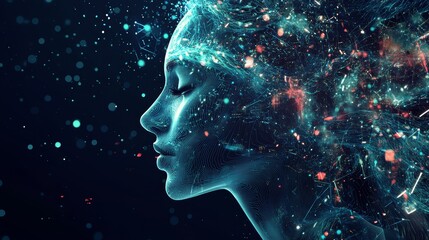 Obraz premium Futuristic Profile of Woman Surrounded by Digital Particles and Light Effects