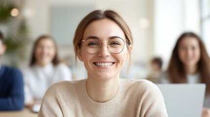 Smiling young woman in cozy cafe, engaged in conversation with friends, warm ambiance and inviting atmosphere.