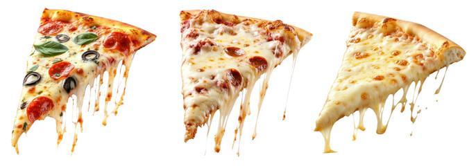 PNG Delicious cheesy pizza slices dripping, element set on transparent background