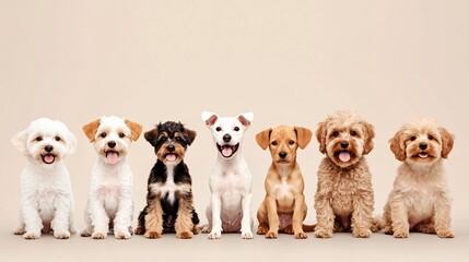 Adorable puppies lined up, various breeds showcasing playful personalities, perfect for pet adoption campaigns or family-themed content.