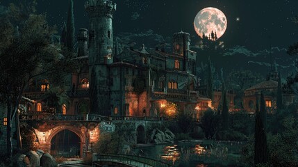 Fototapeta premium A large castle complex sits serenely beneath a full moon