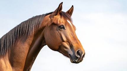 Fototapeta premium Majestic brown horse portrait, strong features and gentle eyes, outdoors against cloudy sky, perfect for nature themes.