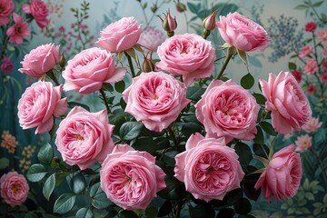 Vibrant Pink Roses Flourishing Amidst a Tranquil Floral Background