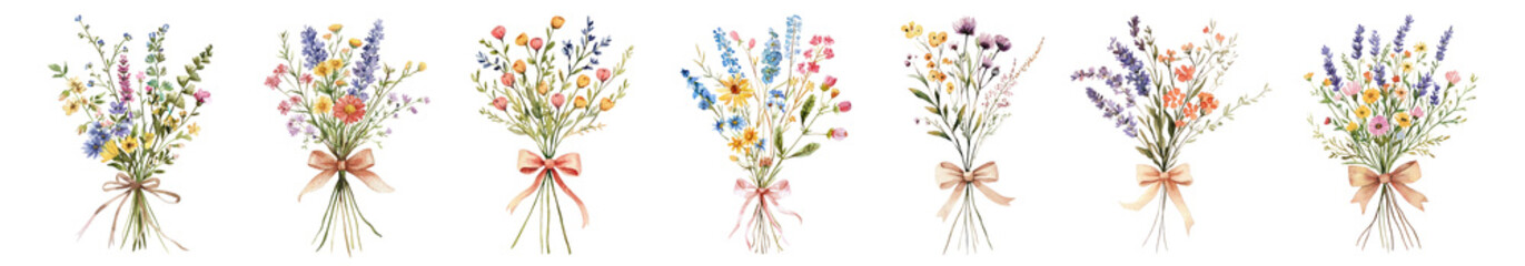 Naklejka premium Ilustracje bukietów kwiatowych w stylu vintage w formacie PNG, elementy ustawione na przezroczystym tle