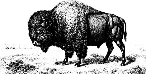 American bison, detailed engraving, vintage illustration, prairie landscape, fluffy clouds, grazing buffalo, majestic wildlife, sepia tones, textured fur, expansive plains, 19th century art style,
