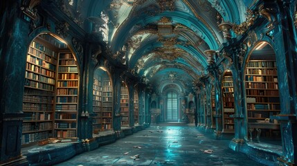 Obraz premium A grand library hall displaying elaborate architecture and many books