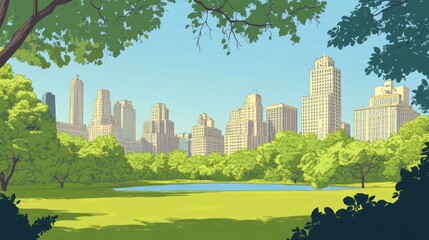 Obraz premium Park city skyline, summer day scene, NYC, relaxation