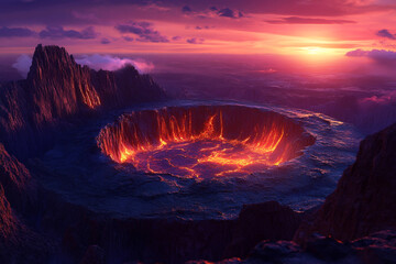 Fototapeta premium A deep chasm in the ground with molten lava, a crimson sky at sunset