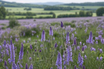 Naklejka premium Serene Countryside Landscape Abundant with Colorful Purple Wildflowers