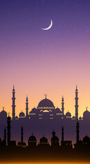 Silhouette of a mosque with crescent moon and stars in a colorful sky gradient