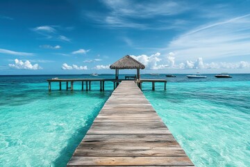 Fototapeta premium A wooden pier leading to a thatched roof structure over crystal clear turquoise ocean water under blue sky