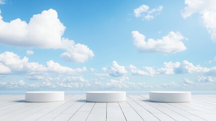 White podiums on deck, blue sky backdrop, product display