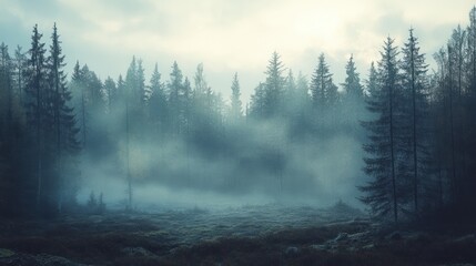 Forest trees and ground shrouded in a heavy atmospheric fog