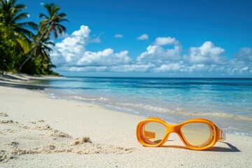 Orange goggles resting on a white sandy beach with palm trees and blue ocean in the background