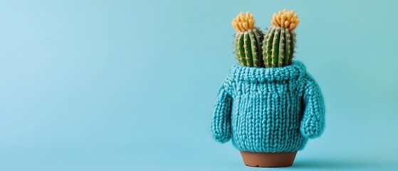 Two green cacti in blue knitted sweater pot on light blue background. Adorable plant decor for home and creative design inspiration.