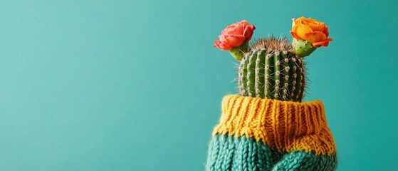 Green cactus in yellow-green knitted sweater with red and orange flowers on turquoise background. Attractive plant decor for home aesthetic and creative design inspiration.