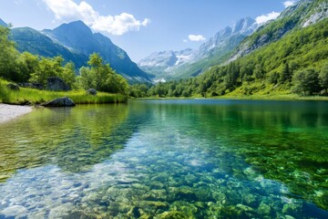 Crystal clear lake reflecting surrounding mountains in Triglav National Park