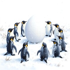 Fototapeta premium Group of penguins surrounding a large, white egg in a snowy landscape.