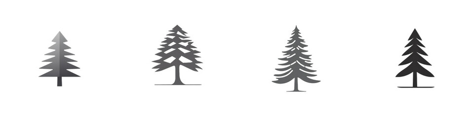 Four stylized trees, grayscale, white background isolated on white or transparent