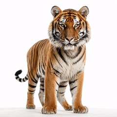 Fototapeta premium Majestic Tiger Portrait with Piercing Eyes, Striking Stripes, Detailed Features, White Fur, Intense Gaze, Regal Pose, High-Contrast Studio Lighting, Close-Up Wildlife Photography, Generative AI