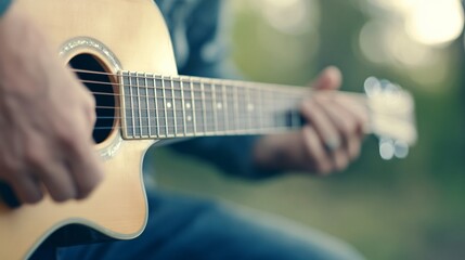 Fototapeta premium Casual musician playing acoustic guitar, young adult with casual attire, outdoor setting with soft natural light, creative expression.