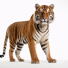 Fototapeta premium Majestic Tiger Portrait with Piercing Eyes, Striking Stripes, Detailed Features, White Fur, Intense Gaze, Regal Pose, High-Contrast Studio Lighting, Close-Up Wildlife Photography, Generative AI