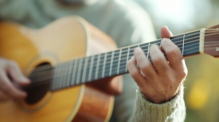 Person playing acoustic guitar, young adult with casual attire focused on music, warm lighting creating an inviting atmosphere.