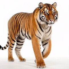 Obraz premium Majestic Tiger Portrait with Piercing Eyes, Striking Stripes, Detailed Features, White Fur, Intense Gaze, Regal Pose, High-Contrast Studio Lighting, Close-Up Wildlife Photography, Generative AI