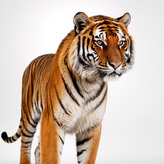 Obraz premium Majestic Tiger Portrait with Piercing Eyes, Striking Stripes, Detailed Features, White Fur, Intense Gaze, Regal Pose, High-Contrast Studio Lighting, Close-Up Wildlife Photography, Generative AI
