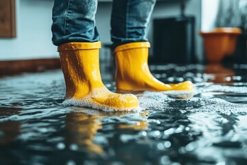 Yellow rubber boots submerged in floodwater. Illustrates water damage, flooding, or cleanup.