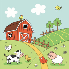 Naklejka premium Cute cartoon farm scene with animals, barn, and a happy countryside