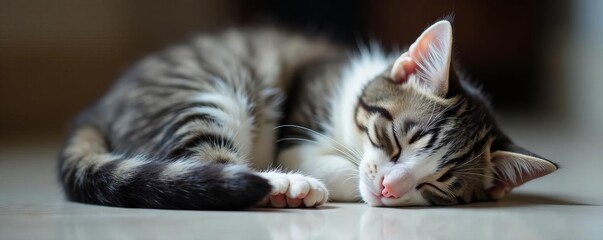Adorable fluffy grey and white kitten curled up asleep with whiskers twitching, whiskers, curled up