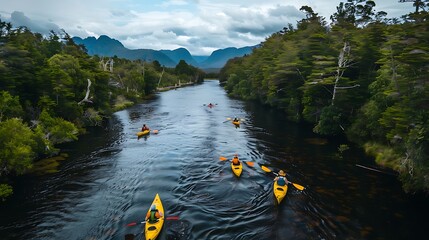 A group of explorers kayaking down a river surrounded by dense forest.


