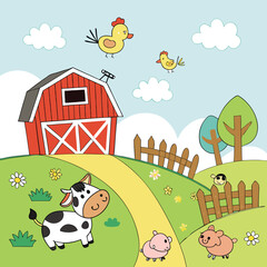 Happy Farm with Animals and Barn in the Countryside
